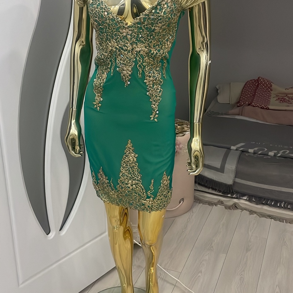 Chic Green and Gold Mini Dress